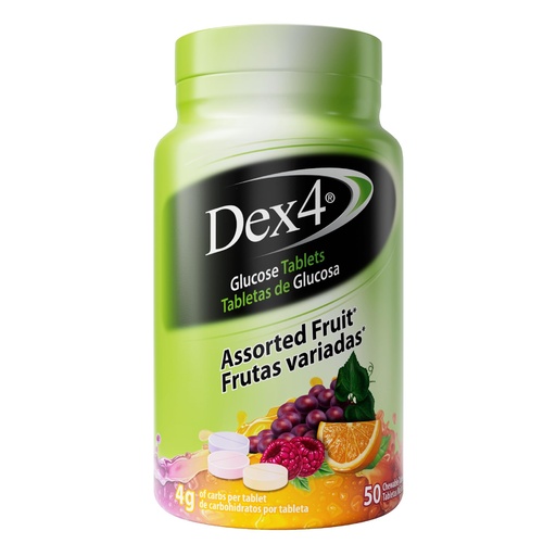 [BRSRGCA2OYFGEADG] Dex4 Glucose Tablets, Fast Acting Glucose, 4g Pre-Measured Glucose per Tablet, Fat-Free, Gluten-Free, Assorted Fruit, 50 Tablets per Bottle, 12-Pack (600 Units)
