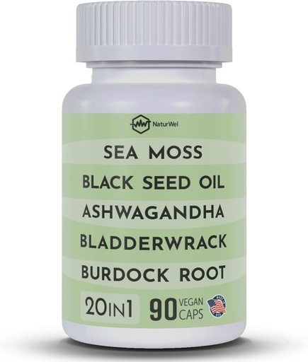 [BRSROGINOR5R4F3L] Huile de graines noires 3000mg Moss de mer 3000mg Ashwagandha 1000mg Turmère 1000mg Burdock 1000mg Bladderwrack 1000mg & Elderberry Manuka Chlorophylle Dandelion Jaune Dock - (90 Capsules Pack de 1)