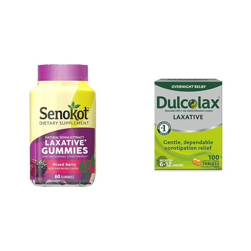 [BRSROBQEBB5W2HQ6] Senokot Dietary Supplement Laxative Gummies, Natural Senna Extract, Gentle, Overnight Relief & Dulcolax Stimulant Laxative Tablets (100 Count) Gentle Overnight Constipation Relief, Bisacodyl 5mg