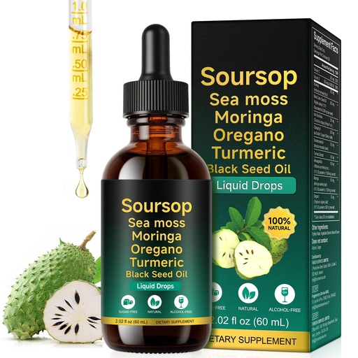 [BRSRGCQPBV7RA2Y7] Soursop Bitters Liquid Drops – 2 Fl Oz, 10-in-1 with Irish Sea Moss, Black Cumin Seed Oil, Turmeric Extract, Ashwagandha, Moringa, Oregano, Vitamin C & D – Non-GMO, Vegan, Daily Wellness