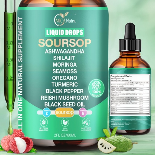 [BRSRGBITCQPWMH35] Soursop Bitters Liquid Drops 3000mg, with Ashwagandha* Shilajit* Mushroom, Moringa, See Moss,Oregano for Natural Antioxidant, Cell Support & Regeneration, Immune Boost