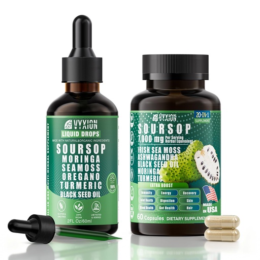 [BRSRECD6CB5G2HIY] Soursop Bitters Bundle Liquid & Capsule, Sea Moss, Moringa, Turmeric, Black Seed Oil, Oregano, Ashwagandha | Herbal Extracts for Overall Health-Enhancing | Vegan, Non-GMO
