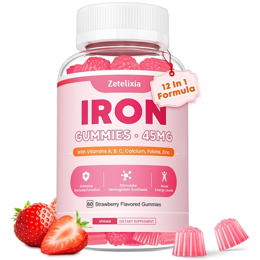 [BRSRAH33O4JR4F36] Vegan Iron Supplement Gummies for Women & Men, Anemia, Blood Builder & Energy Support for Iron Deficiency, with Vitamin C, A, B Complex, Folate, CoQ10, Sugar Free, Non-GMO, 60 Count