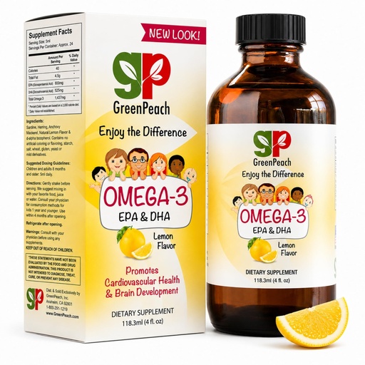[BRSWGHQKCAPBQDQ7] GreenPeach Omega 3 for Kids Liquid Fish Oil - 525mg DHA & 800mg EPA per Serving - Omega 3 Supplement for Children, Toddlers & Babies - Supports Brain & Eye Health - Natural Lemon Flavor, 4 oz