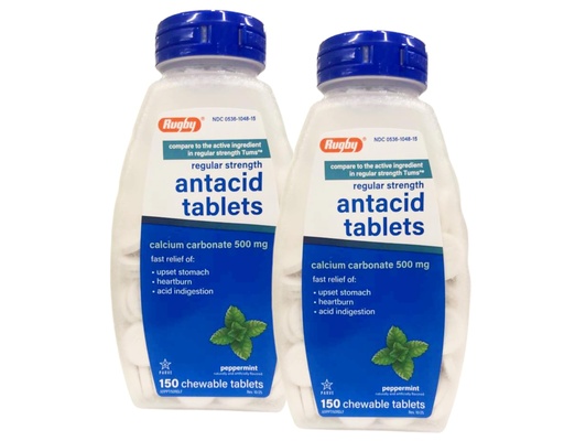[BRSWKGL3C54RKDLI] Rugby Calcium Carbonate 500mg Antacid Tablets Peppermint, Regular Strengh, 150 Chewable Tablets - 2 Pack