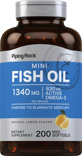 [BRSRMFATPMIBMEY3] Piping Rock Fish Oil Omega 3 Supplement | 1340 mg | 200 Mini Softgels | EPA and DHA for Women and Men | Lemon Flavor | Non-GMO, Gluten Free
