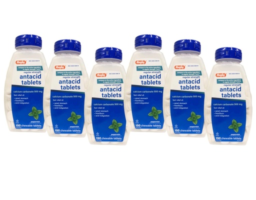 [BRSWKGL3C4GGE332] Rugby Calcium Carbonate 500mg Antacid Tablets Peppermint, Regular Strengh, 150 Chewable Tablets - 6 Pack