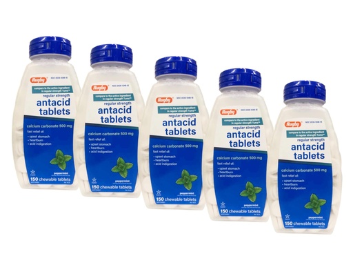 [BRSWKGL3C4FQMYA3] Rugby Calcium Carbonate 500mg Antacid Tablets Peppermint, Regular Strengh, 150 Chewable Tablets - 5 Pack