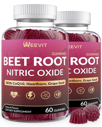 [BRSRGALQCMMB4DTK] WEEVIT Beet Root Gummies, Nitric Oxide Supplement for Men, Women with CoQ10, Grape Seed, Hawthorn, Hibiscus | Antioxidant & Circulation Support, Non-GMO, Sugar Free