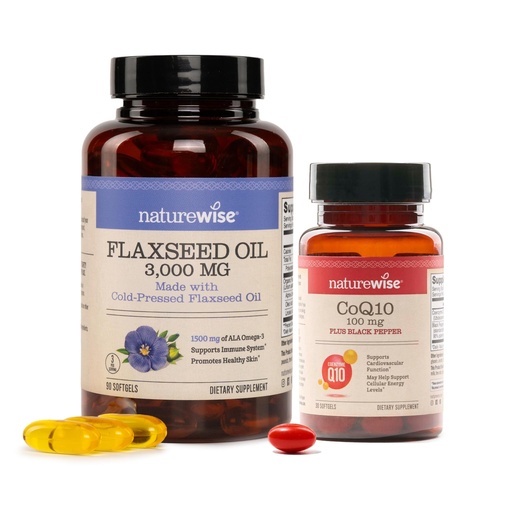 [BRSREFAPPMOQAC3K] NatureWise [1] Flaxseed Oil 3000 mg - 1500 mg ALA, Organic - 90 Softgels[30-Day Supply] + [1] CoQ10 100mg + Black Pepper, High Absorption - 30 Softgels[30-Day Supply]