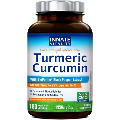 [BRSREAQYBYBBAAL7] Innate Vitality Turmeric Curcumin, 1950mg per Serving, 95% Curcuminoids, Advanced Absorption with BioPerine Black Pepper Extract, Antioxidant & Immune Support, 180 Vegan Caps