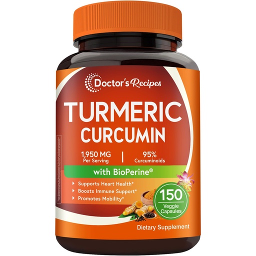 [BRSREAQYOQJQYHLF] Doctor's Recipes Turmeric Curcumin with BioPerine Black Pepper, 1950mg, 95% Curcuminoids, Maximum Absorption, for Mobility, Heart & Immune Support, Vegan, 150 Capsules, Non-GMO