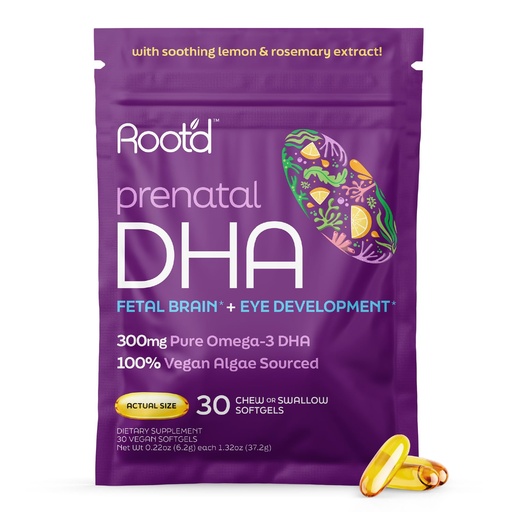 [BRSRE2Q6OECR433G] Root'd Prenatal DHA - 300mg Pure Vegan Omega-3 DHA from Algal Oil, Plant-Based Prenatal Supplement for Pregnancy, Fetal Brain & Eye Development, Non-GMO, Lemon & Rosemary Flavor, 30 Softgels