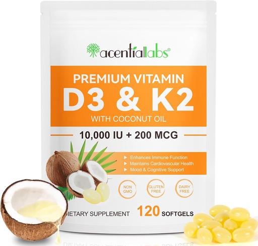 [BRSRAFIYOEAQODIY] Vitamin D3 K2 Supplement Softgels, 10000 IU VIT D3 + 200 MCG K2 (MK-7) | 2-in-1 Replenish Formula with Coconut Oil, Supports in Calcium Absorption, Easy to Swallow 120 Capsules.