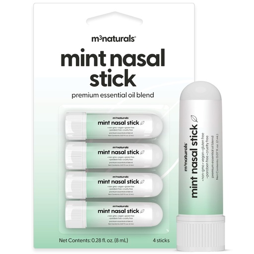 [BRSRGELYAB5RG33K] Mint Nasal Inhaler Stick| Essential Oil Aromatherapy Inhaler | Refreshing Mint & Eucalyptus Scent | Portable, Non-Medicated Vapor Stick for Daily Wellness, 4 Pack, by M3