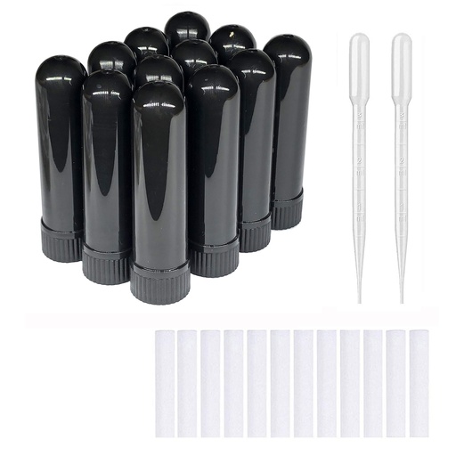 [BRSW2AYEOZ7QGGTL] 12PCS Essential Oil Aromatherapy Blank Nasal Inhaler Tubes (Includes 12 inhalers+12 unscented Wicks+2 Plastic Droppers)-Black.