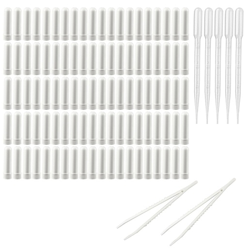 [BRSRGZLYCQAQY2QY] 100PCS Essenial Oil Aromatherapy Blank Nasal Inhtaler Tubes (Includes 100 inhalers+110 unscented Wicks+5 Plastic Droppers+2Plastic Tweezers)