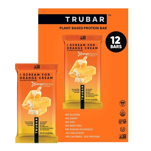 [BRSRGBIHCEMWA2TD] TRUBAR Vegan Protein Bar, I Scream for Orange Cream, Gluten Free, Plant Based Protein, Dairy Free, Non GMO, Soy Free, No Sugar Alcohols, 12G Protein, 13G Fiber, Healthy on the Go Snack Bars, 12 CT
