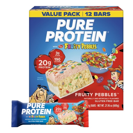 [BRSRGCQ6C56RSAAU] Pure Protein Fruity PEBBLES™ Protein Bars – 20g Protein, 3g Sugar, 190 Calories (12 count) Low Sugar* High Protein Snack – Gluten Free - Perfect for a Healthy Snack.