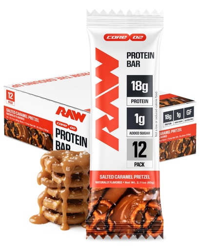 [BRSRGHYFCF5BU3D6] RAW Nutrition Protein Bars, Salted Caramel Pretzel 18g Whey Protein, Low Sugar, Better-for-You Candy Bars, Gluten Free Chocolate Protein Snack for Muscle Recovery & Gym Fuel, 12 Count