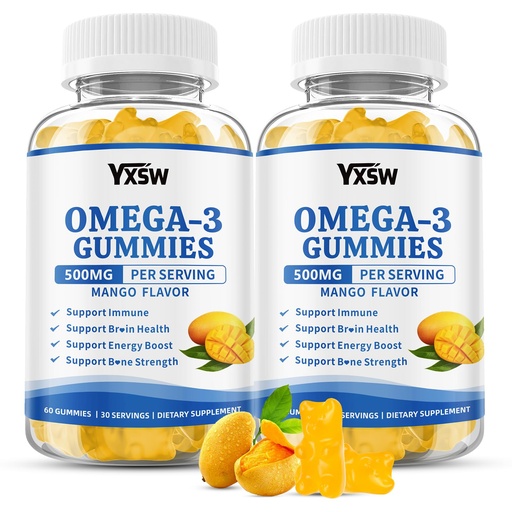 [BRSRGFD3PJ7B4GTX] Vegan Omega-3 Gummies 500mg, Omega 3 Fish Oil Alternative for Adults with Plant-Based EPA & DHA & Vitamin A, C, E for Brain, Eye & Immune Health, Sugar Free, Mango Flavor, 120 Count
