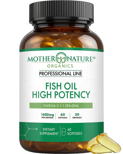 [BRSRAAIDCR4BS2DH] High EPA DHA Omega 3 Fish Oil 1600mg – 60 Softgels Glass Bottle by Mother Nature Organics – Heart, Brain & Joint Support – Burpless, High Absorption, Pure, Sustainable Omega 3 Fatty Acids Supplement