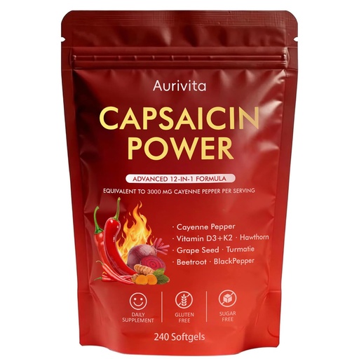 [BRSRGBIYA57BGHTB] Aurivita Capsaicin Power - Cayenne Pepper Softgels Supplement, Digestive & Gut Health, with Vitamin D3+K2, Beetroot, Grape Seed and Other Extracts, 240 Capsules (1Pc)