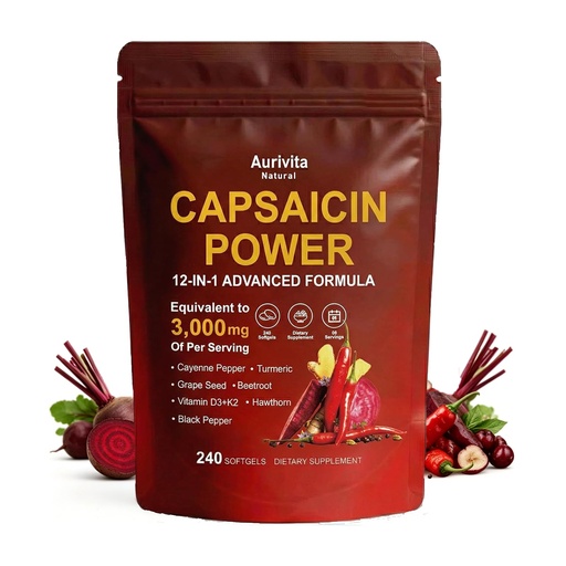 [BRSRGAL4O4HGKCY4] Capsaicin Softgels,auri Cayenne Pepper softgels， with Vitamin E, D3+K2, Grape Seed, Hawthorn, Beet Root & Berberine Extracts 240 Capsules