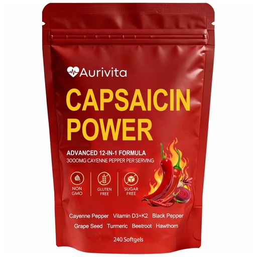 [BRSRYZTRCUDWG2T2] Aurivita Capsaicin Softgels – Gut Health & Digestive, with Cayenne Pepper, Vitamin D3 & K2, Beetroot, Grape Seed & Botanical Extracts, 240 Capsules (1pc)