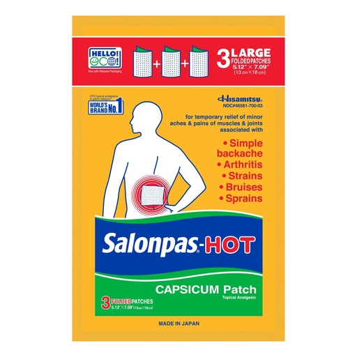 [BRSWYFITOQNQEEYY] Salonpas Pain Relieving HOT Capsicum Patch, 3 Count (12 Pack), for Back, Neck, Shoulder, Knee Pain and Muscle Soreness, 8 Hour Pain Relief