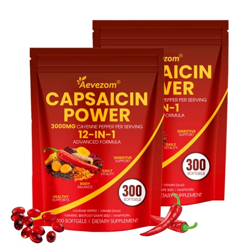 [BRSRGGD7OYNQ2CIY] Capsaicin Power, 12-in-1 Cayenne Pepper Softgels Supplement,with Vitamin D3+K2, Cayenne Pepper,Turmeric,Grape Seed and Other Extract,300 Softgels (2)