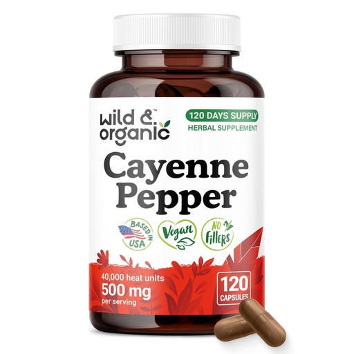[BRSRAHA3BENBSHI2] Wild & Organic Cayenne Pepper Capsules 500 mg - Digestive Support - Pure Cayenne Pepper Extract - Capsaicin Supplements - Vegan, No Fillers, Non-GMO - 120 Count