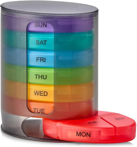 [BRSROFQNCBYQYFLX] MEDca Weekly Pill Organizer, 1 Dipenser, 7 Stackable Multi- Color Compartments Four Times- a- Day - Morning, Noon, Evening, and Bedtime, Black