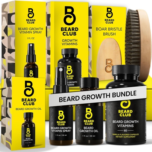 [BRSROGTYAQMQAA32] Beard Club Premium Beard Growth Kit - Tillväxtolja, vitaminer, vitamin Spray & Boar Bristle Brush - Gift Set