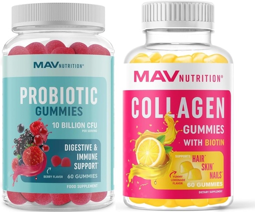 [BRSW2FQEBNYWAHY6] MAV NUTRITION Collagen Gummies for Women and Probiotic Gummies | Hair, Skin, Nails, and Gut Health Support with Biotin, Vitamin C, and 5 Billion CFU | 60 Gummies Each