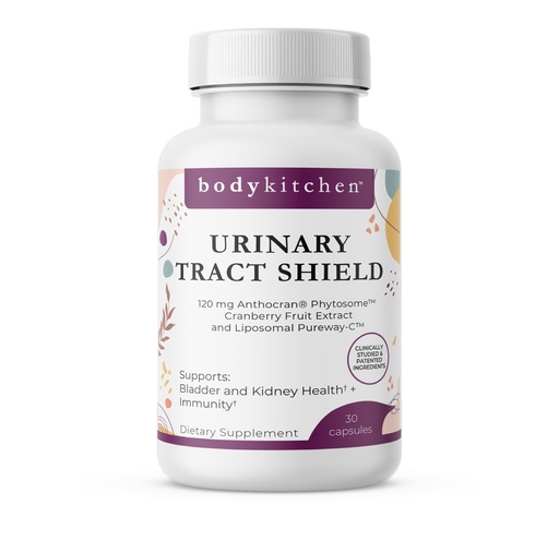 [BRSRGZQLPMAWOHL6] Body Kitchen Urinary Tract Shield with Anthocran Phytosome Cranberry Extract and Liposomal Vitamin C, Supports Bladder and Kidney Health, 30 Capsules