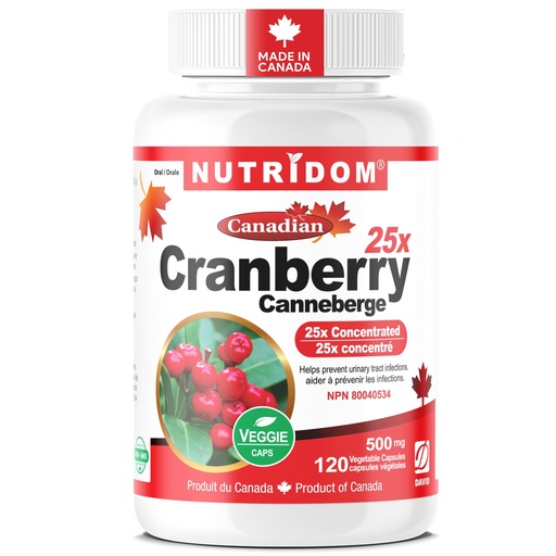 [BRSWYZQQCF5Q23AY] Nutridom Canadian Cranberry 25x, 500mg (12,500mg QCE), Non-GMO, Vegan, Gluten Free, Dairy Free, Soy Free (120 Count)