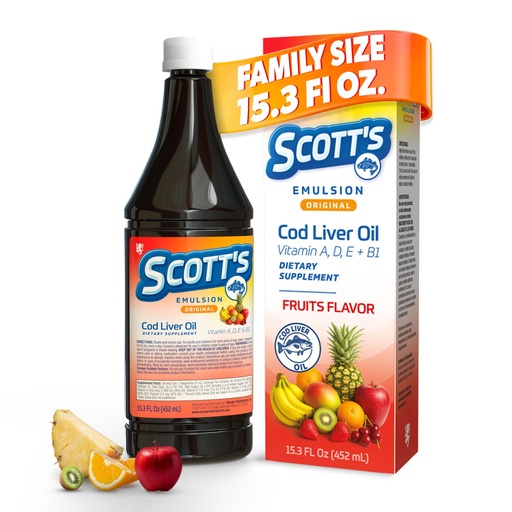 [BRSRGZ37OYIB6ALX] SCOTT'S EMULSION Cod Liver Oil Liquid – Fruits Flavor – Family Size – Supports Growth, Immunity & Bone Health – Rich in Omega 3 & Vitamins A+D – Easy-to-Take Fish Oil for Kids & Adults – 15.3 Fl Oz