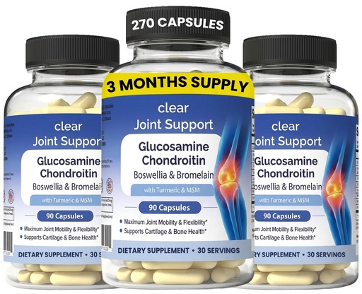 [BRSRGZQRBB4BMG3P] Clear Joint Support | 3 Bottle Value Bundle, 90-Day Supply (270 Capsules) | Glucosamine Chondroitin MSM, Turmeric & Boswellia | Supports Knee, Hip & Back Health | Made in USA