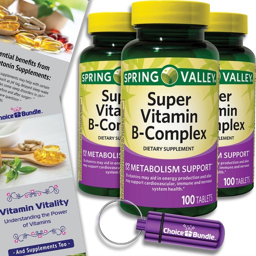 [BRSREBIQDJ4GYF3J] Spring Valley Super Vitamin B-Complex Tablets Metabolism Support 100 Ct 3 pk (300 Total) + Vitamin Vitality & Pill Container (5 Items)!