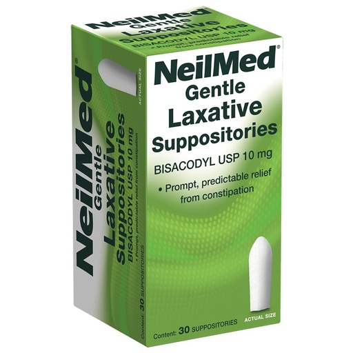 [BRSROBI6OR6WK2DP] NeilMed Gentle Laxative Suppositories Bisacodyl USP 10mg - Prompt, Predictable Relief from Constipation, Works in 15 Minutes to 1 Hour - 30 Count