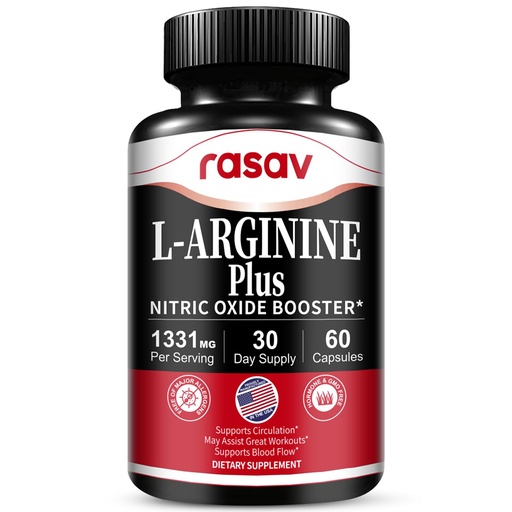 [BRSRGYIZBUFRGDQZ] Rasav Nitric Oxide Booster with L-Arginine, L-Citrulline Blend, Boosts Nitric Oxide Levels, Supports Energy & Performance, Enhance Endurance, Improve Circulation - 60 Capsules, 30-Day Supply