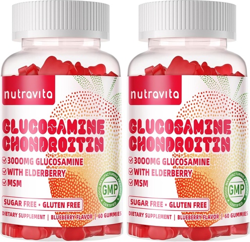 [BRSRAA3YPIBBE3D4] Nutravita Glucosamine Chondroitin Gummies with MSM & Elderberry Extra Strength - Joint Support, Antioxidant Immune Support Supplement for Adults, Men &amp; Women. 120 cerdas de fresa