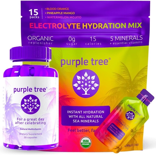 [BRSROAYFBMMBMH3U] purple tree Post-Celebration Wellness + Hydration Electrolyte Packets | Organic Rehydration, Happy Liver | 30ct Bottle + 15 Hydration Sticks for Water