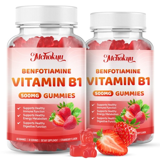 [BRSRGZQKOV6B4ALU] Vitamin B1 Gummies 500mg with Benfotiamine – Thiamine Supplement for Women & Men Supports Healthy Energy Metabolism & Immune, Sugar-Free | Vegan | Non-GMO, Natural Strawberry Flavor, 120 Count