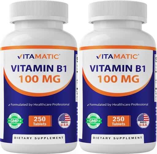 [BRSREEAQOQORG23Z] Vitamatic Vitamin B1 (As Thiamine Mononitrate) 100mg – 250 Vegetarian Tablets - 2 Pack Supports Energy Production, Nervous System Function & Heart Health*