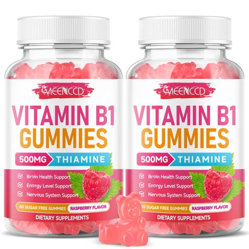 [BRSRECYECR7RY2YY] MEENCCD 2 Pack Vitamin B1 Gummies 500mg, Thiamine B1 Supplement Supports Energy Production, B1 Vitamin for Adults & Kids, Sugar-Free, Vegan, Raspberry Flavor, 120 Count