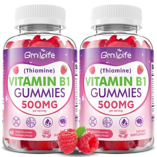 [BRSRGEINBEDWCYAY] 2 Pack Vitamin B1 Gummies 500mg for Adults & Kids – High Potency Thiamine B1 Supplement for Energy & Nervous System Support, Sugar-Free, Raspberry Flavor, 120 Count