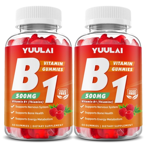 [BRSRAAIBCQOWKETV] Pack of 2 Vitamin B1 Gummies 500mg for Adults & Kids, Thiamine B1 Supplement with Magnesium, Vitamin B1 Supplement for Nervous System Supports & Boost Energy, Raspberry Flavor, 120 Count