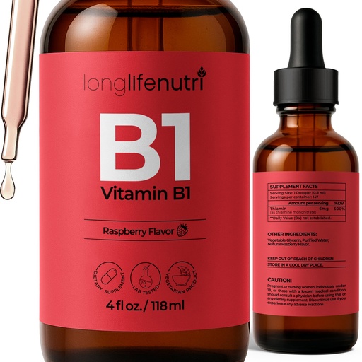[BRSRAHYDDJYQYCDB] LongLifeNutri Vitamin B1 Liquid Drops - Thiamine Mononitrate Supplement for Energy and Nerve Health, Fast Absorption, 4 FL OZ, 5-Month Supply, Lab Tested, Made in USA
